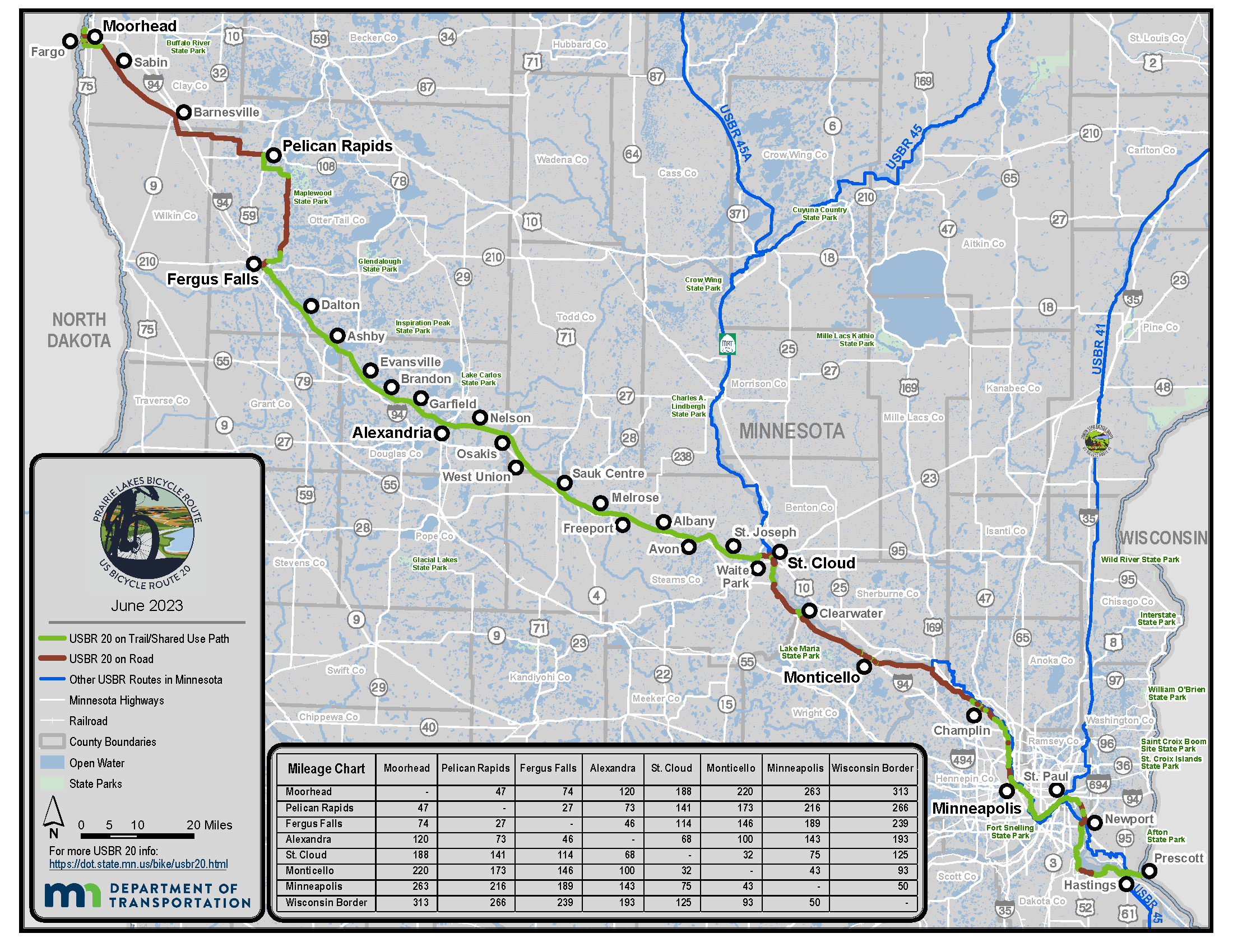 One-page map of US Bicycle Route 20 from Moorhead to Wisconsin